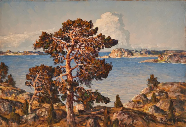 KARL BERGMAN. Olja på duk, skärgårdsmotiv med tallar, signerad K Bergman.