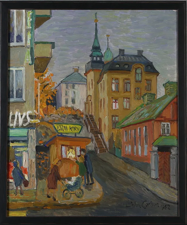 JOHN CARLSON. Olja på pannå, Stationsgatan, Sundbyberg, signerad samt daterad 1962.