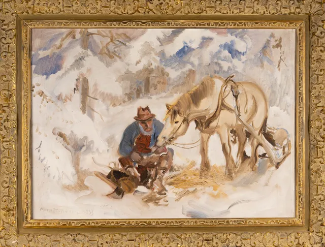MOSSE STOOPENDAAL. Olja på duk, "kamrater i skogen" signerad, daterad 1933.