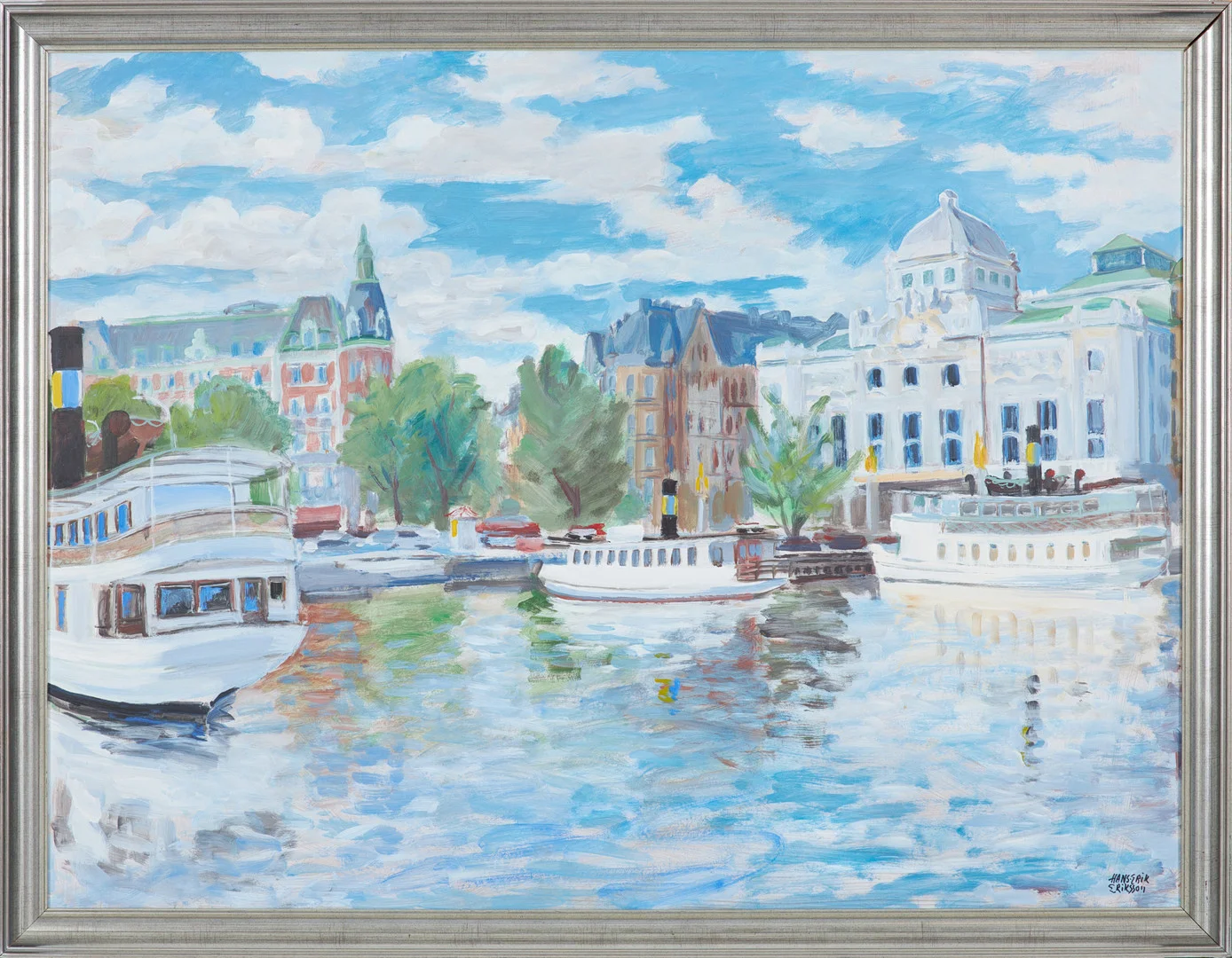 HANS ERIK ERIKSSON (1921-1997). Stockholmsmotiv med utblick mot Dramaten, olja på pannå, signerad. — Paintings — Stockholms Auktionsverk Sickla