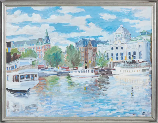 HANS ERIK ERIKSSON (1921-1997). Stockholmsmotiv med utblick mot Dramaten, olja på pannå, signerad.