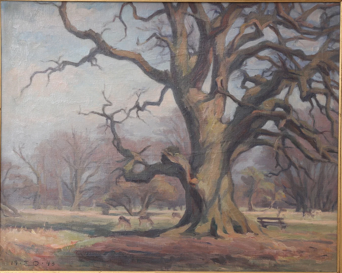 OIDENTIFIERAD KONSTNÄR. Parkvy med träd, olja på duk, monogramsignerad och daterad 1943. — Paintings — Växjö Auktionskammare