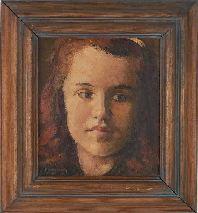 AKKE KUMLIEN. Porträtt av ung kvinna, olja på pannå, signerad, á tergo med påskrift "Marianne W.", daterad 1942.