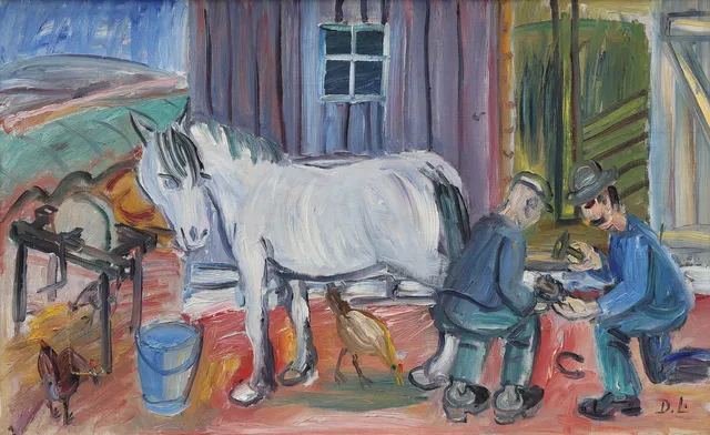 DAVID LARSSON. olja på duk, häst och hovslagare, monogramsignerad D.L.