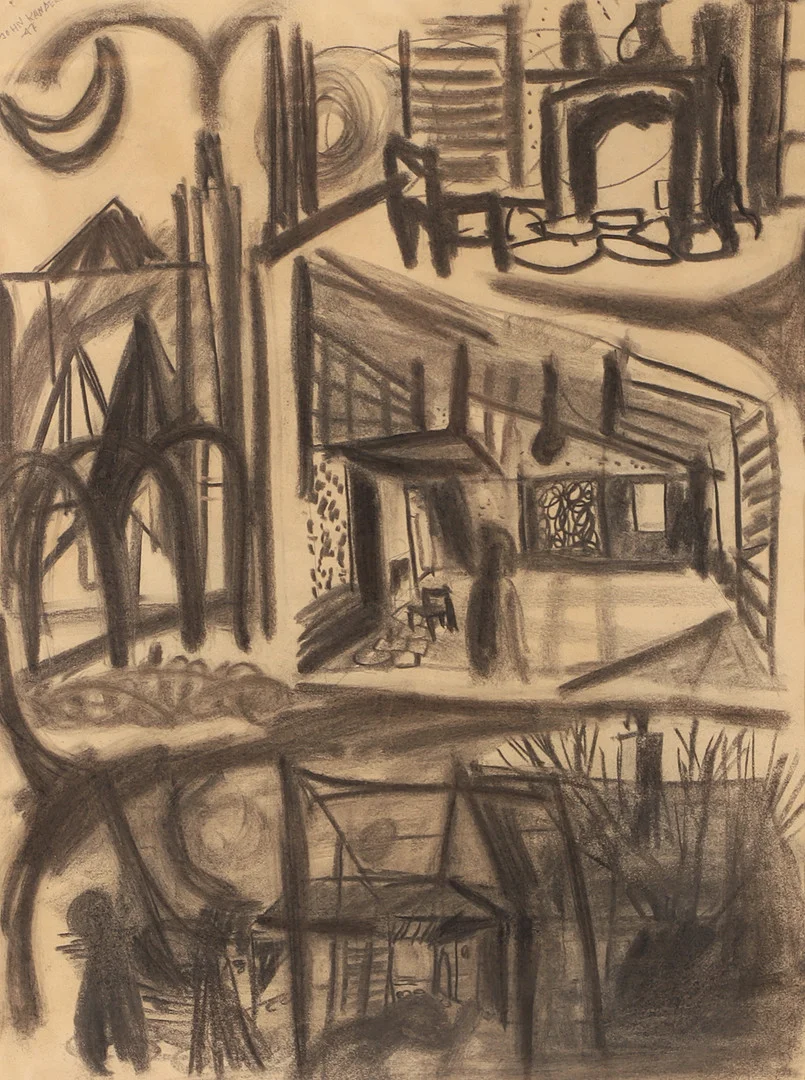 JOHN KANDELL. Interiör, kolteckning, signerad -47. — Drawings — Helsingborgs Auktionskammare