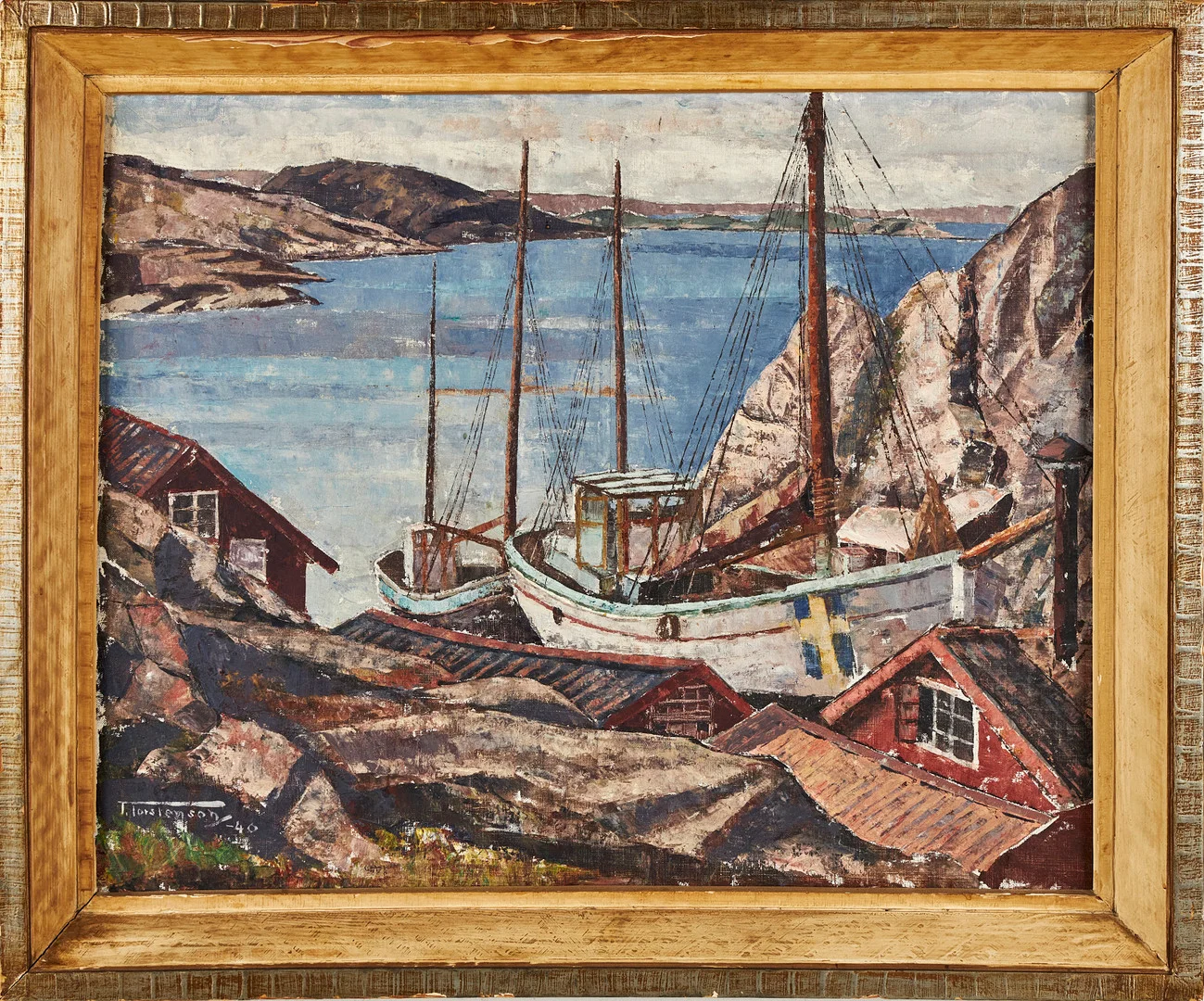 TORSTEN TORSTENSSON. "Båtar på Slipen", olja på pannå, signerad. — Paintings — Stockholms Auktionsverk Sickla