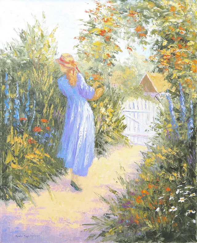 AGNETA AGGE KARLSSON. Kvinna i sommargrönska, olja på duk, signerad.