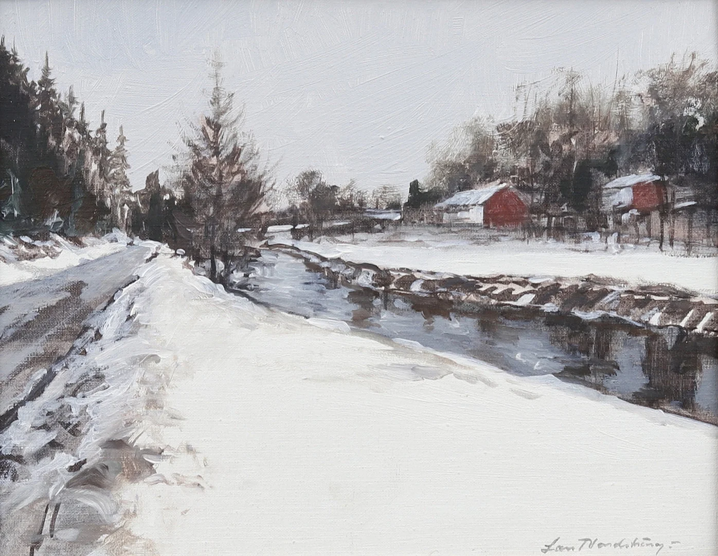 LARS NORDSTRÖM. Ån i vinterland med gårdar, olja på duk, signerad. — Paintings — Garpenhus Auktioner