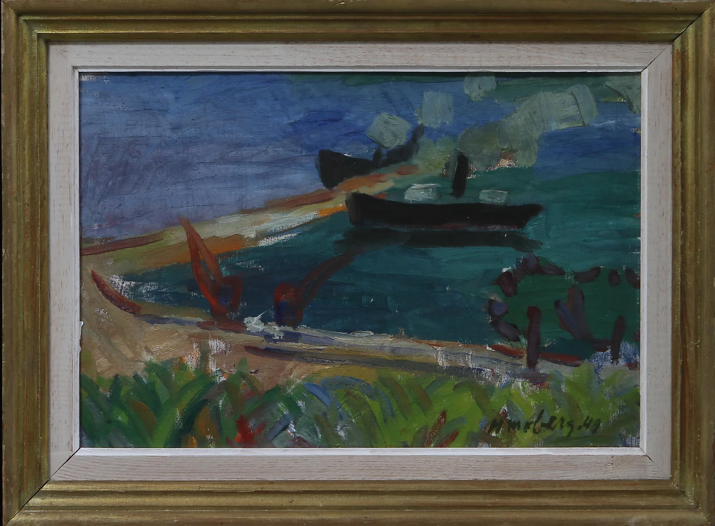 WALDEMAR MARBERG. Skiss från medelhavshamn, olja på pannå, signerad och daterad -49. — Paintings — Göteborgs Auktionsverk