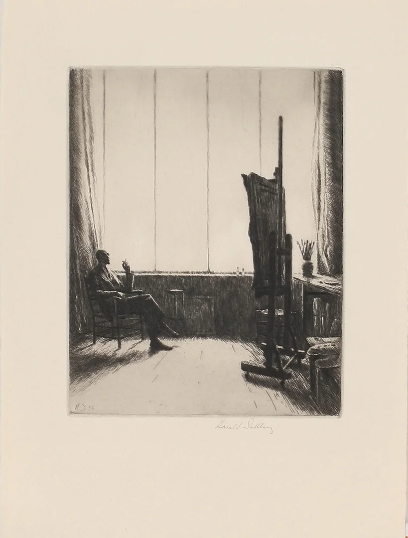 HARALD SALLBERG. Vid ateljén, etsning, signerad. — Engravings & Prints — Stadsauktion Sundsvall