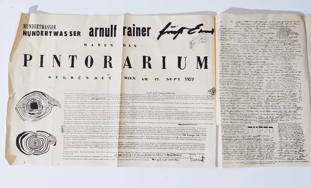 FRIEDENSREICH HUNDERTWASSER (1928-2000). "Pintoarium", 1959, affisch för manifestation i sammarbete mellan Ernst Fuchs och Arnulf Rainer, offsettryck.