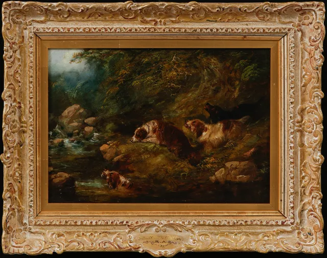 GEORGE ARMFIELD. Hundar i landskap, olja på pannå, signerad.