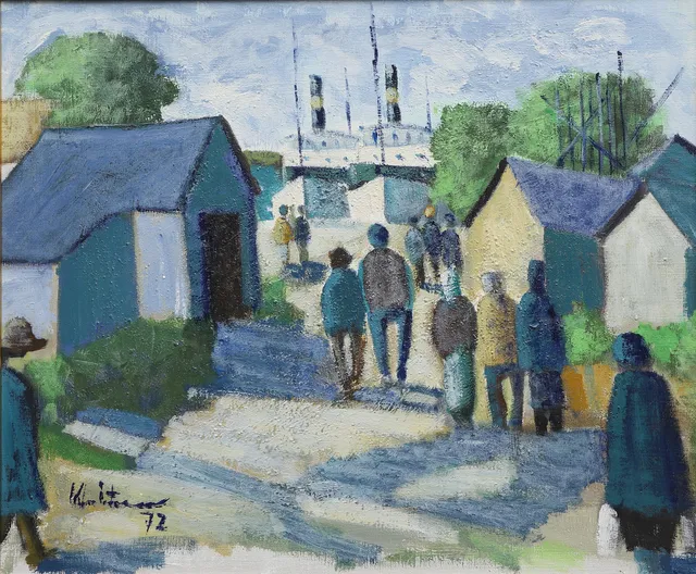 KAI CHRISTENSEN. Olja på duk, figurscen vid hamn, signerad och daterad 72.