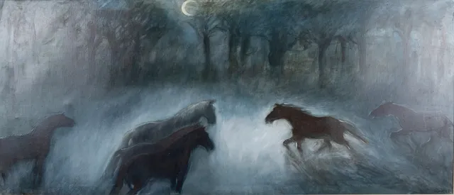 HILDEGARD FALK. Olja på duk, hästar i månsken, signerad.