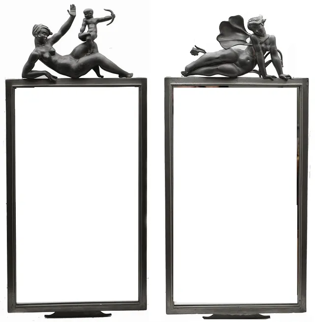 THORWALD ALEF. Pair of mirrors with Art Deco frames in tin, circa 1925.