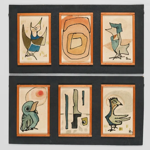 UBEKENDT KUNSTNER. Seks mindre motiver med fugle og figurer malet på stof monteret på plade, signeret og dateret 1974 (2).