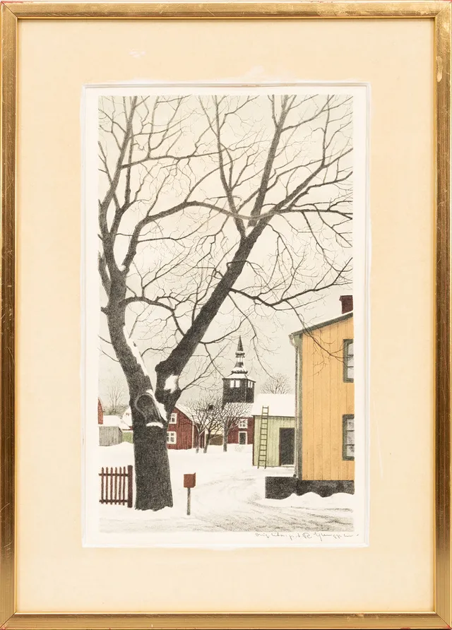 REINHOLD LJUNGGREN. Stadsmotiv från Trosa, litografi, signerad.