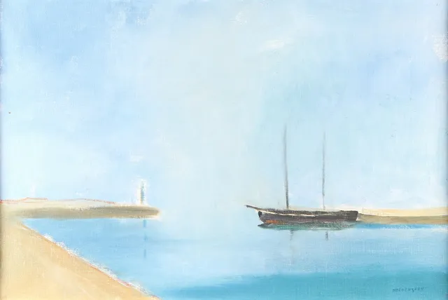 ROLF NORDENGREN. Oljemålning på duk. "Kyrkbackens hamn". Signerad.