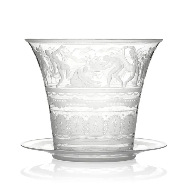 Simon Gate, skål med fat, graverat glas, Orrefors 1930, modell 122.