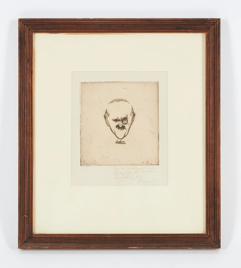 LOUIS SPARRE. Självporträtt, signerad med dedikation av "Originalet", samt daterad 4 I -29, etsning. — Engravings & Prints — Stockholms Auktionsverk Helsinki