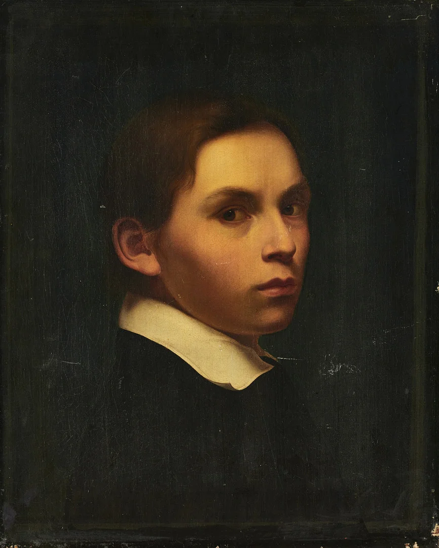 OIDENTIFIERAD KONSTNÄR, 1800-talets mitt, Gosse i trekvartsprofil iklädd svart med vit krage, olja på duk. — Paintings — Crafoord Auktioner Stockholm