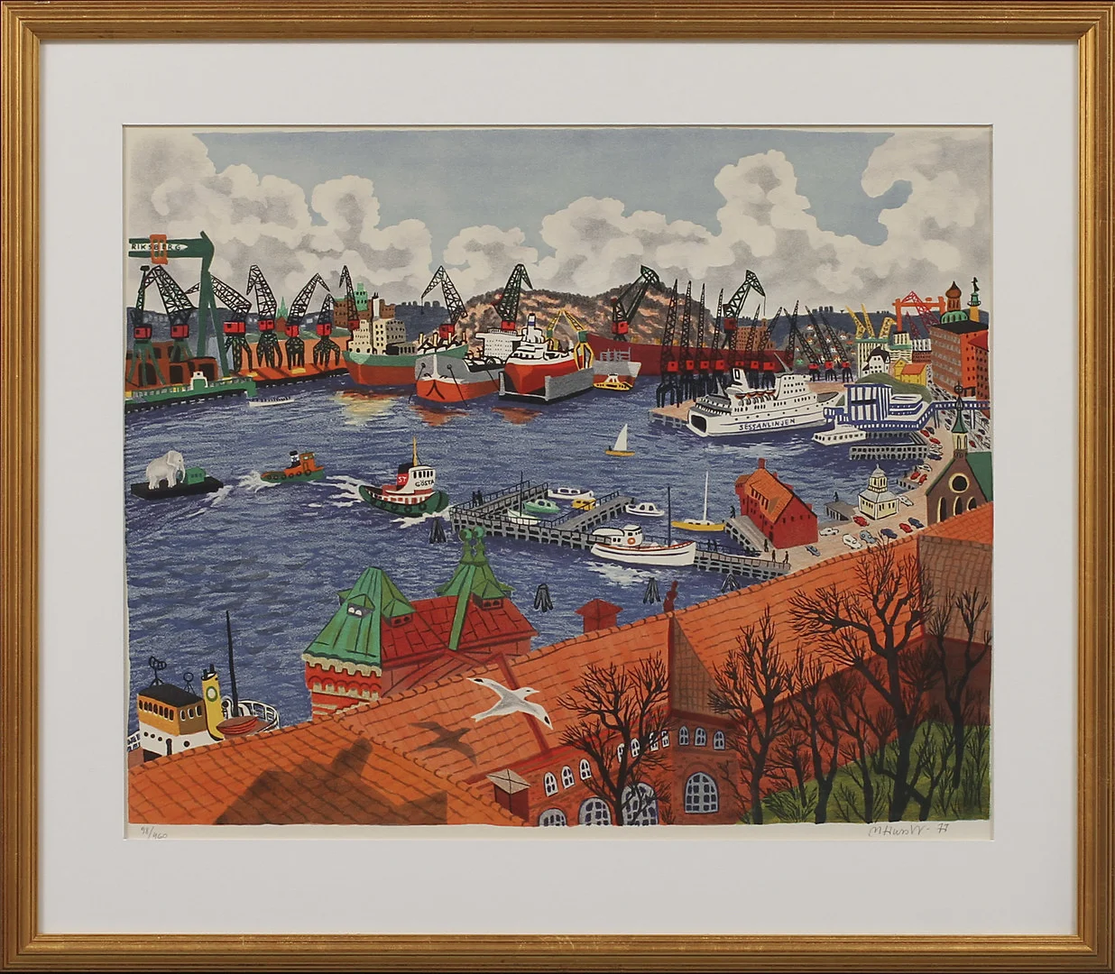 MONA HUSS WALIN. "Eriksberg" med Sessanlinjen, färglitografi, signerad och numrerad 98/460. — Engravings & Prints — Göteborgs Auktionsverk