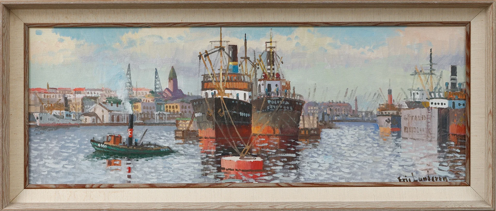 ERIC LUNDGREN. Hamnmotiv, olja på duk, signerad. — Paintings — Göteborgs Auktionsverk