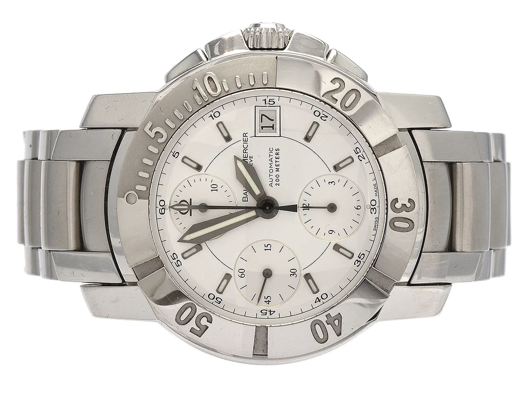 BAUME & MERCIER, Capeland 41 mm, Ref 65352, stål, automat, kronograf, cert (ej ifyllt) & box, ytterkartong (defekt), extra länkbitar. — Klockor/Övriga klockor — Kaplans