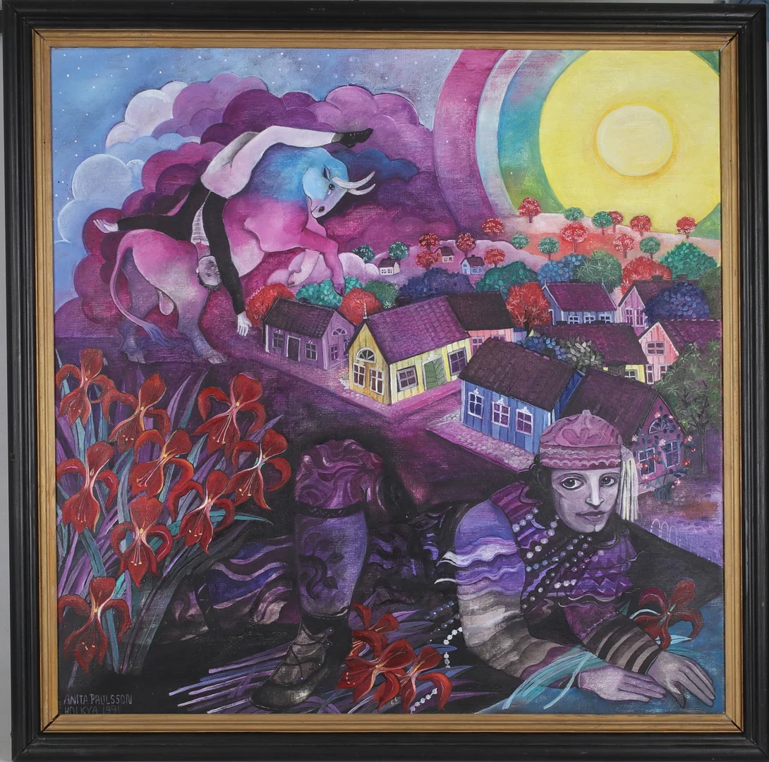 ANITA PAULSSON. Figurkomposition olja på duk, signerad, daterad Holkya 1991. — Paintings — Stadsauktion Sundsvall