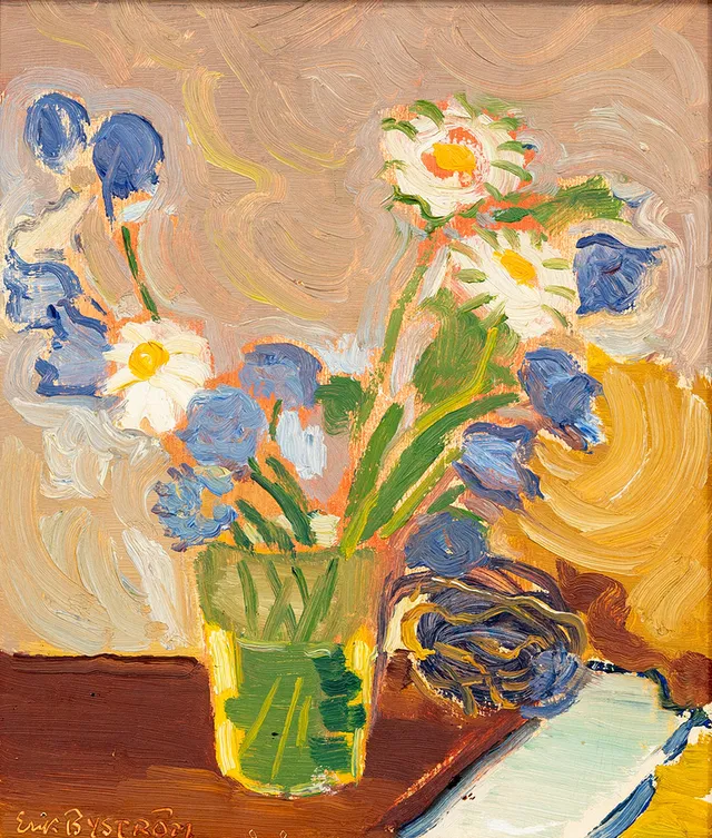 ERIK BYSTRÖM. Blomsterstilleben, olja på papppannå, signerad.