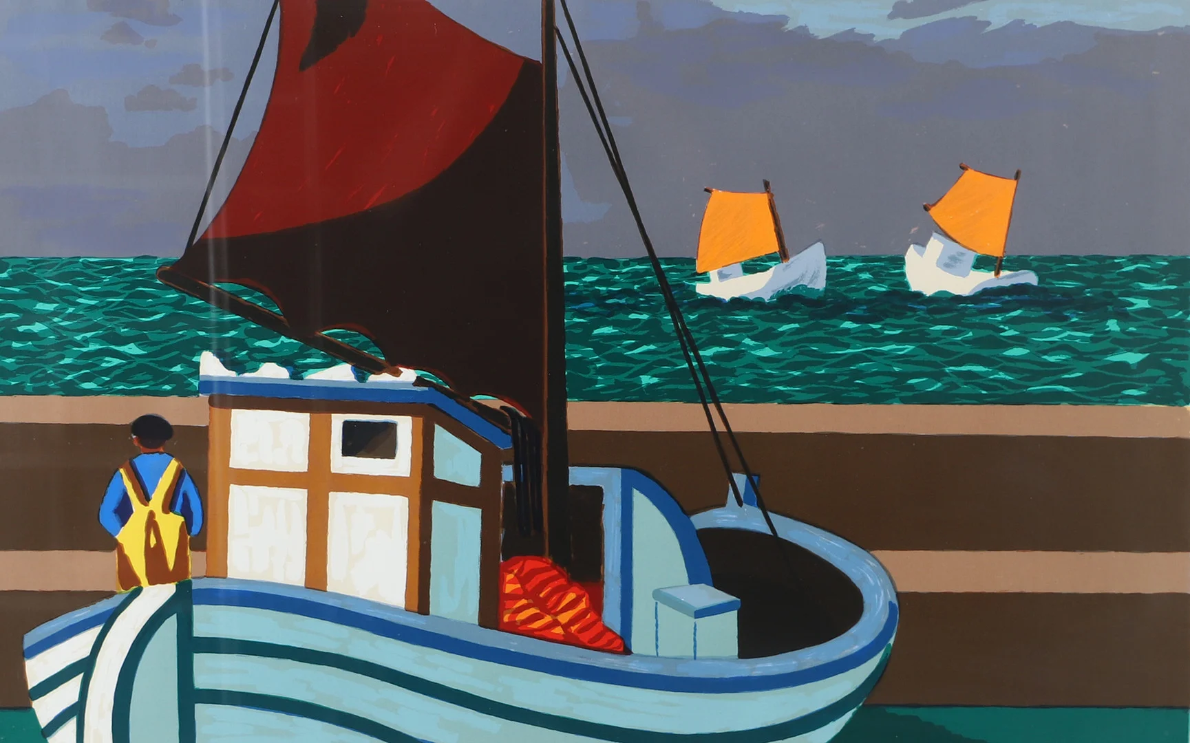 LARS NORRMAN. Fiskebåtar, färglitografi, signerad. — Engravings & Prints — Helsingborgs Auktionskammare