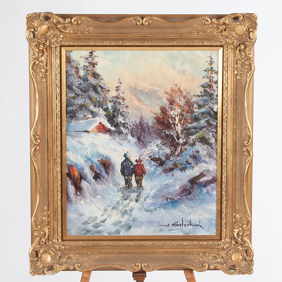 BERT ÖSTERLUND. Olja på duk, pojkar i vinterlandskap. — Paintings — Laholms Auktionskammare