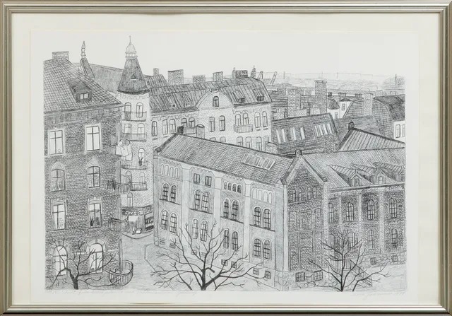 MONA JOHANSSON. "Utsikt från Linnegatan 34 med Viktoriaskolan i Göteborg", litografi, signerad och numrerad 320/395.320/395.