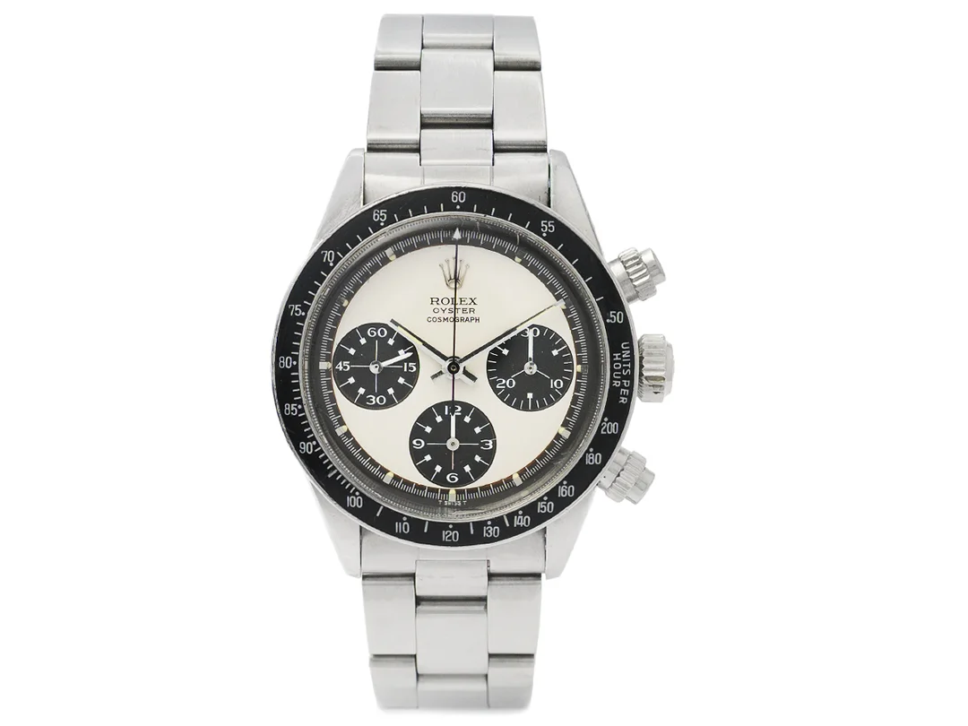 ROLEX, Oyster Cosmograph, "Daytona", s.k. "Paul Newman", "Units per hour 200", Ref nr. 6263, Serie nr. 3048240, Cal 727 Valjoux , Boett nr. 6262, kronograf, herrur, 37 mm, stål, manuell, plexiglas, skadad urtavla (7/10), Oysterlänk, viklås, Ref nr. 78350/557, cert (ej komplett), ca 1972, box, ytterkartong. — Klockor/Rolex — Kaplans