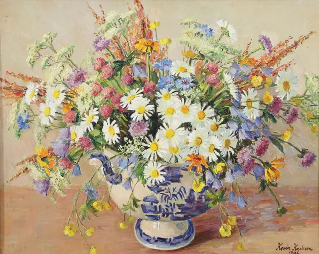 KARIN KARLSSON. Blomsterstilleben, olja på duk, signerad och daterad 1946.