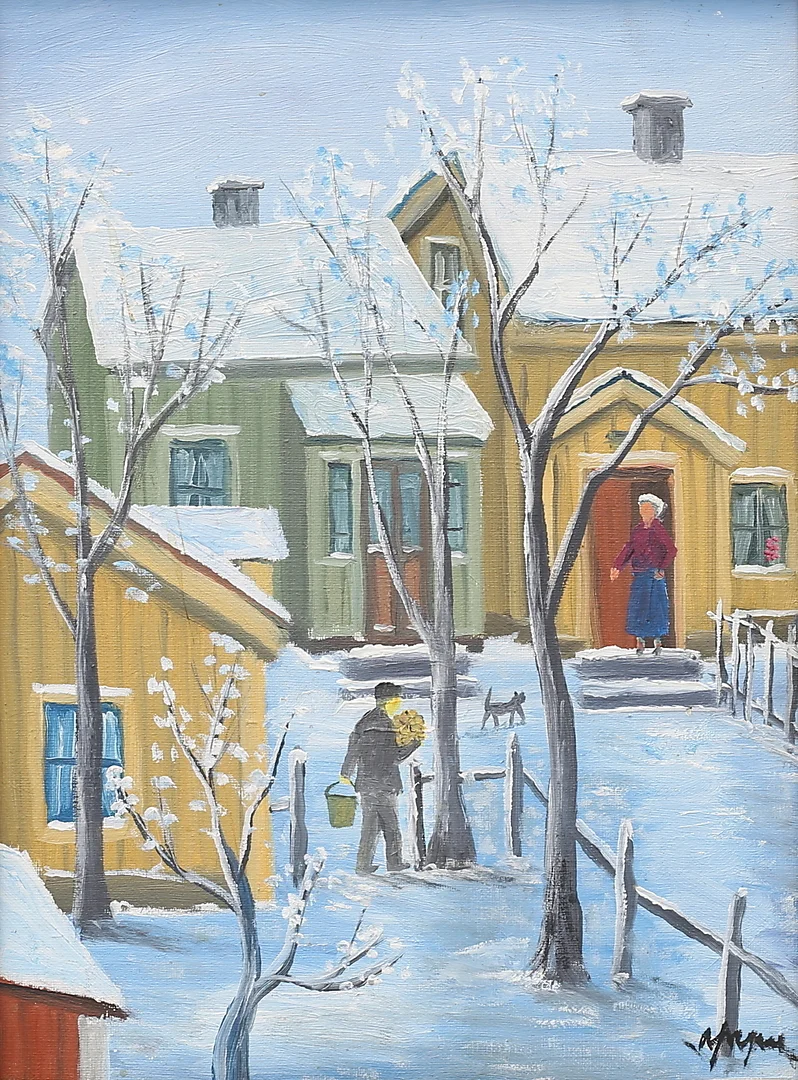 YNGVE JOHANSSON. Han kommer med blommor, Växjömotiv, olja på duk, signerad. — Paintings — Växjö Auktionskammare