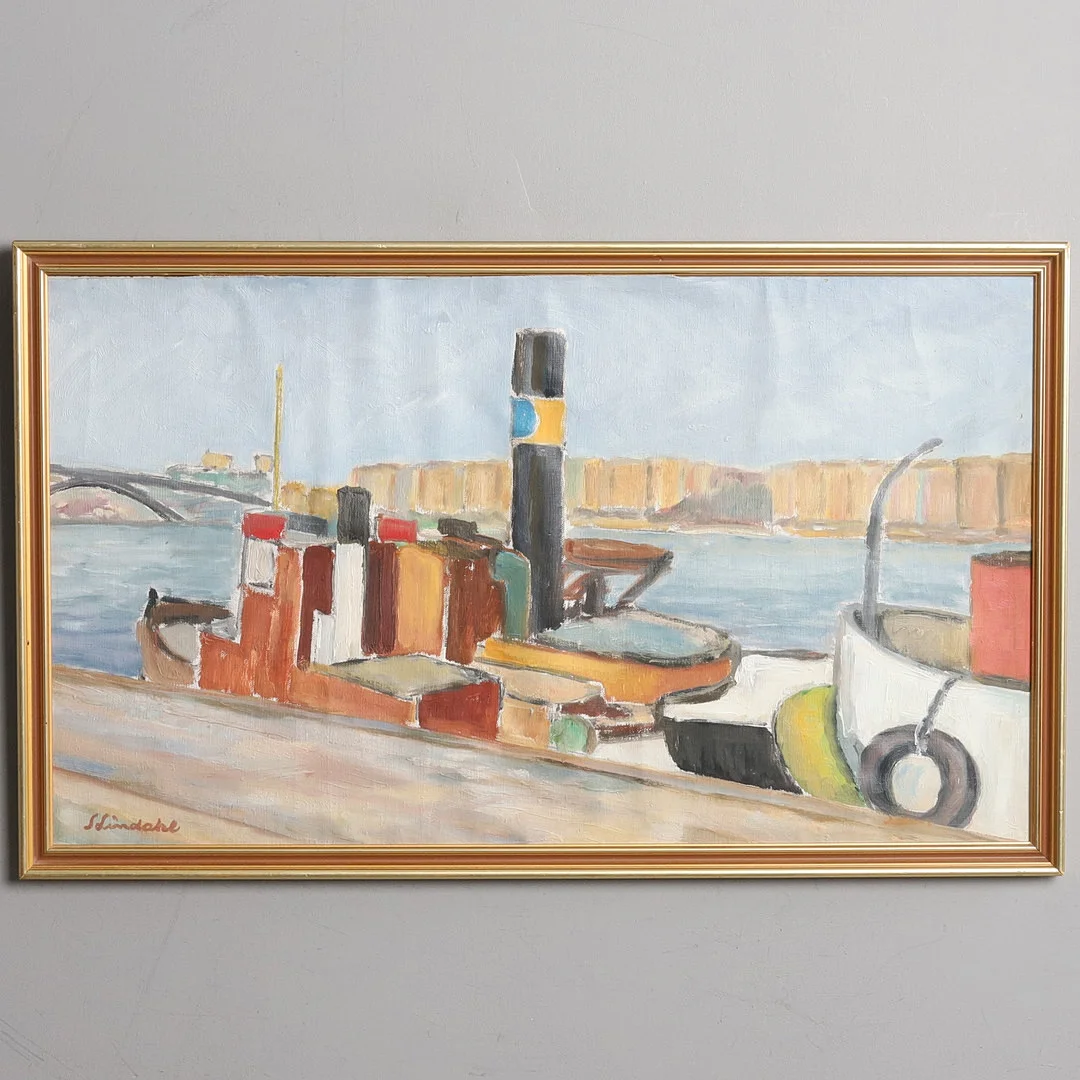 STEN LINDAHL. Olja på duk, "Hamnmotiv" signerad. — Paintings — Örebro Stadsauktioner