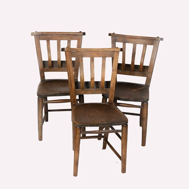THREE ELM SEATED CHAPEL CHAIRS (3).