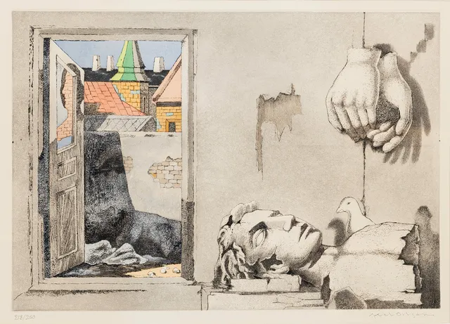 AXEL OLSON. "Dörr mot ljuset", färglitografi, signerad och numrerad, 218/260.
