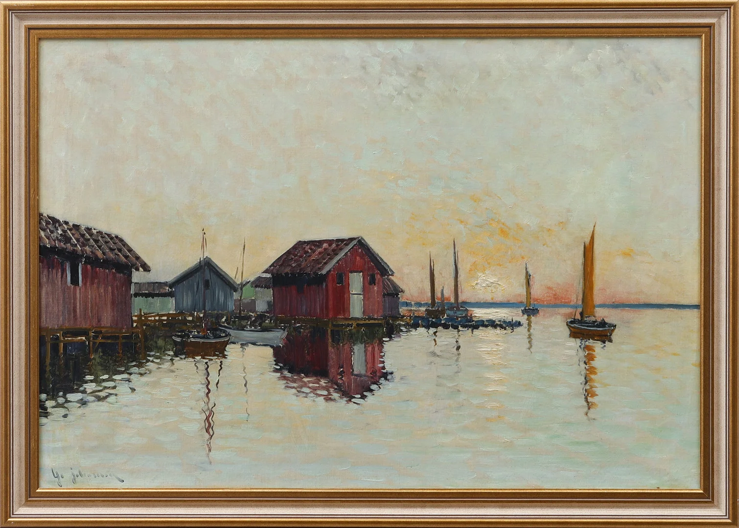 YO JOHANSSON. Kustbild med sjöbodar och segelbåtar, olja på duk, signerad. — Paintings — Göteborgs Auktionsverk