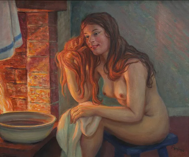 PER HILDING PERJONS. olja på duk, modell framför brasa.