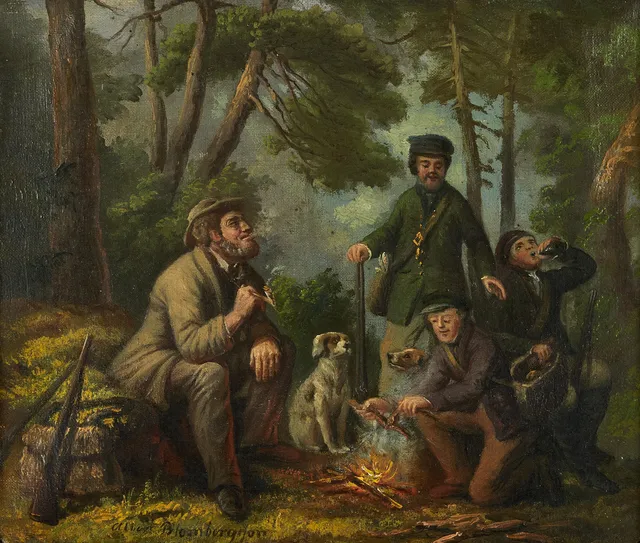 ALBERT BLOMBERGSSON (Sverige, 1810-1875): Rastande jaktsällskap, signerad, olja på duk. 22x26 cm.
