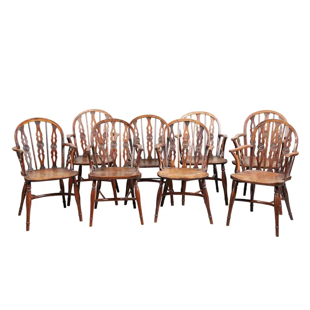 A MATCHED SET OF EIGHT 19TH CENTURY YEW & ELM SEATED THAMES VALLEY WINDSOR CHAIRS (8).