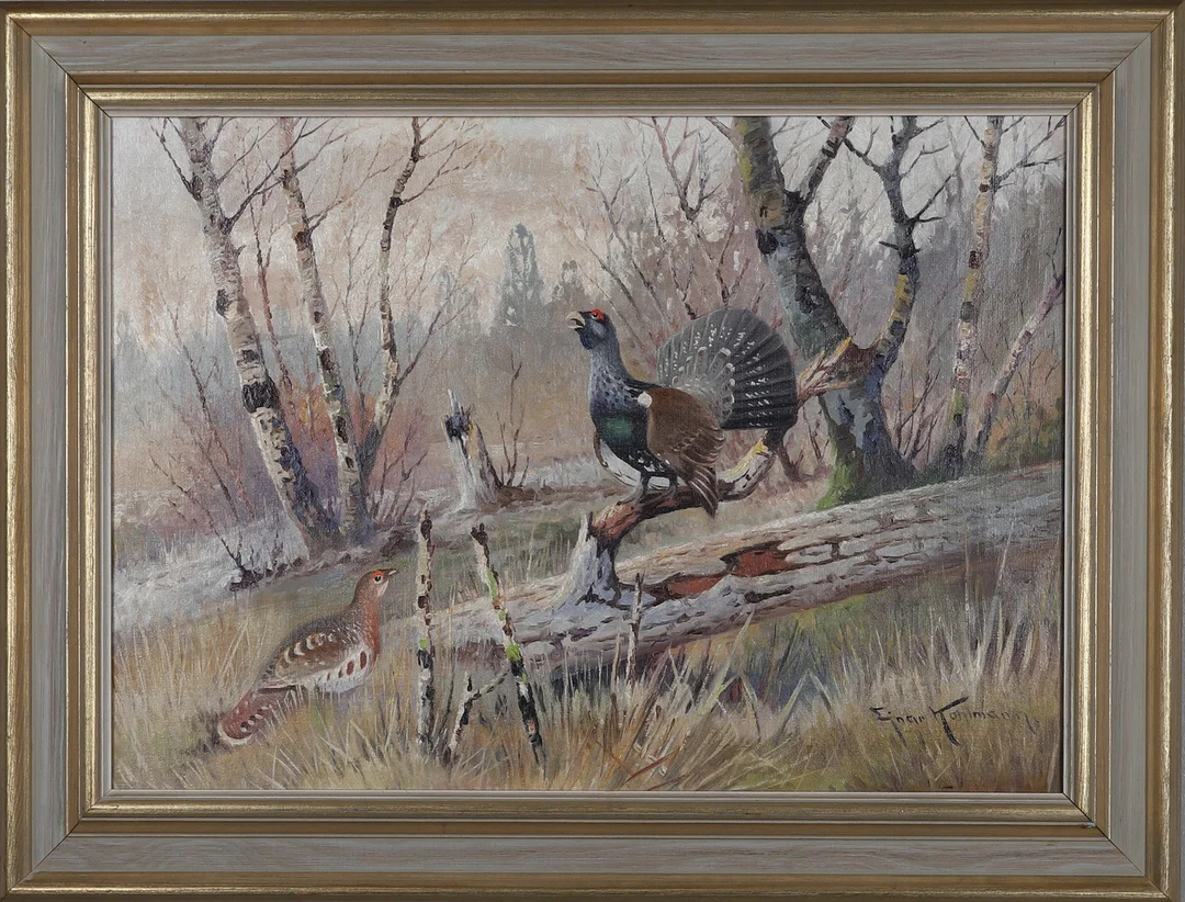 EJNAR KOHLMANN. Olja på duk, tjäder i landskap, signerad. — Paintings — Gomér & Andersson Norrköping