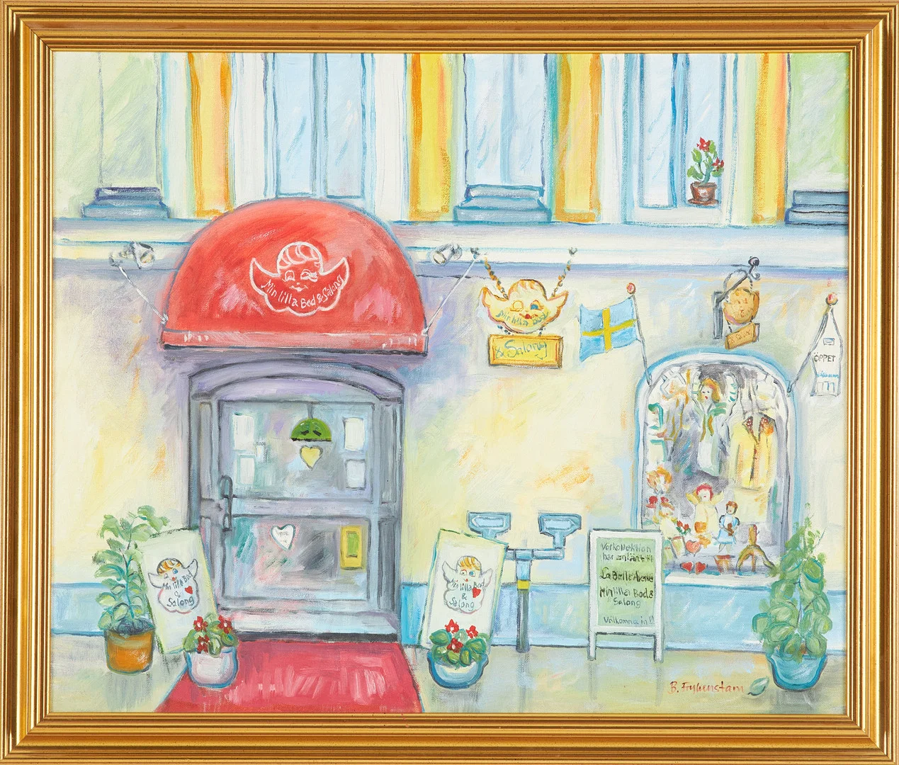 BÖRJE FRYKENSTAM (1936-2021). Föreställande Christina's Bod & Salong, Gamla Stan, Stockholm, olja på duk, signerad. — Paintings — Stockholms Auktionsverk Sickla