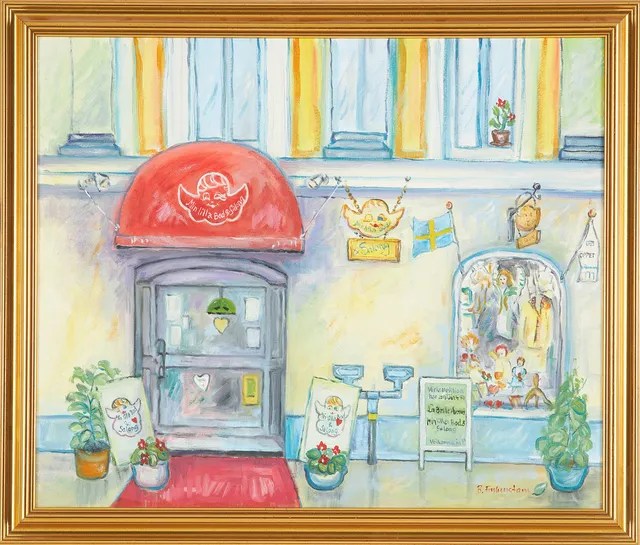 BÖRJE FRYKENSTAM (1936-2021). Föreställande Christina's Bod & Salong, Gamla Stan, Stockholm, olja på duk, signerad.