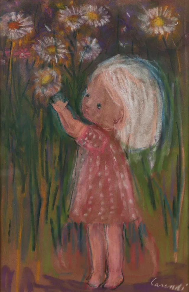 KURT CARENDI. Liten flicka vid blommor, pastell, signerad Carendi.