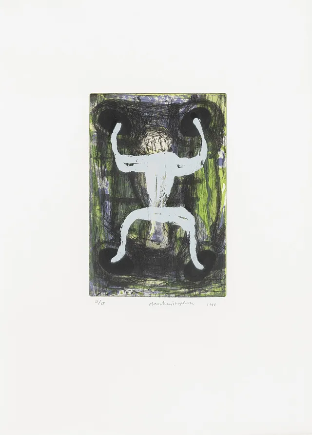 OLAV CHRISTOPHER JENSSEN. "Tantrum", litografi/akvatint, numrerad 30/35, signerad, daterad 1988.