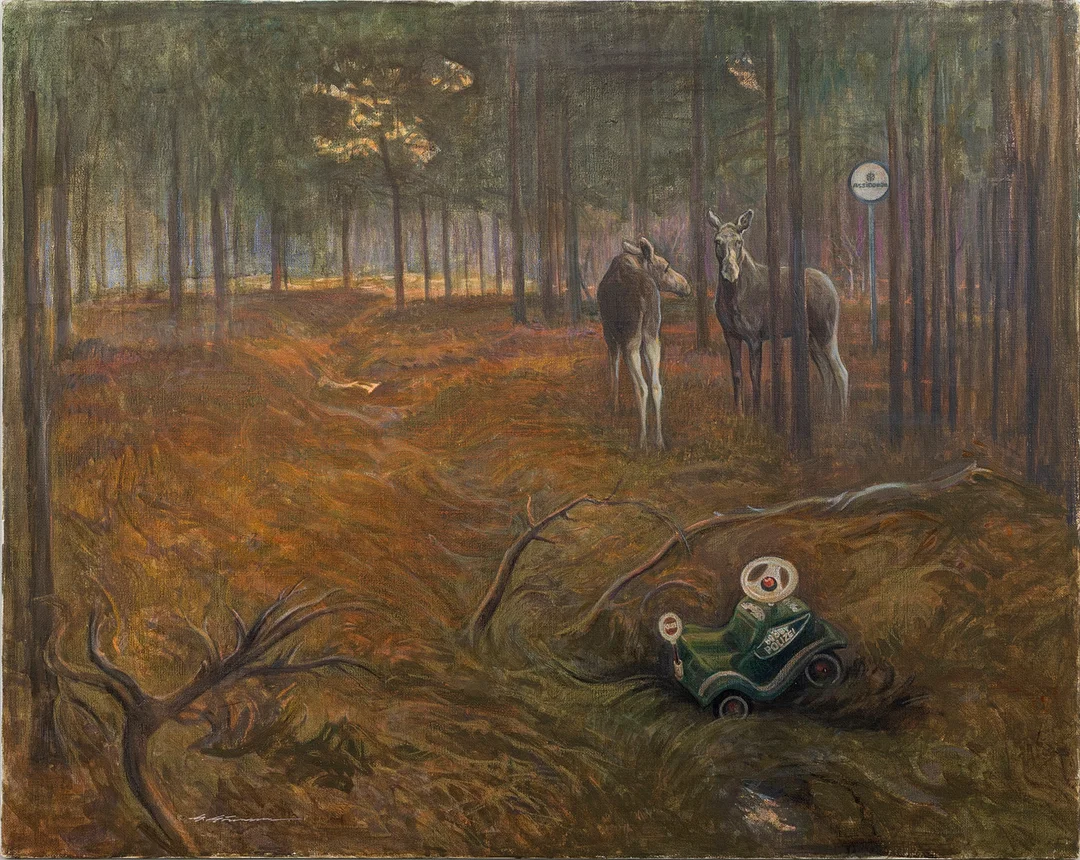 GÖTE GÖRANSSON. Älgar i skog, olja på duk, signerad. — Paintings — Auktionshuset Kolonn
