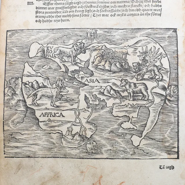 ANTIK KARTA. VÄRLDSKARTAN I GUSTAF VASAS BIBEL TRYCKT 151 - DEN FÖRSTA I SVERIGE TRYCKTA KARTAN.
